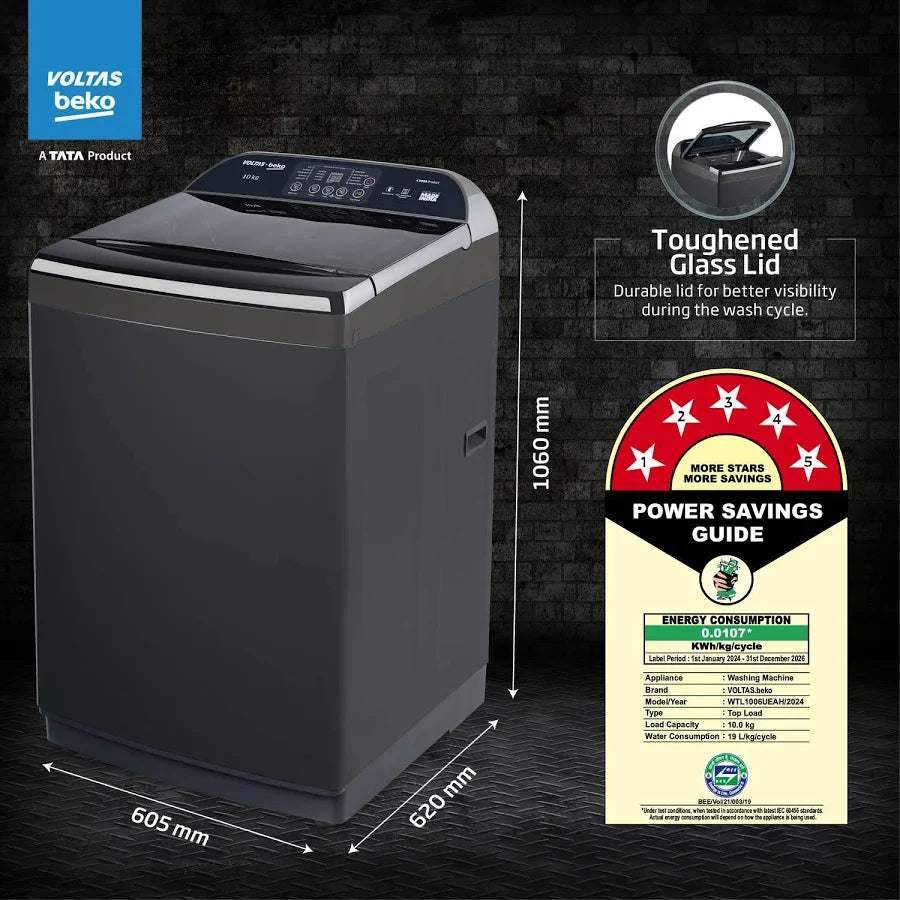 Voltas Beko 10 Kg Fully Automatic Top Load Washing Machine | In-Built Heater | 10 Wash Programs | 2 Magic Filter | Quick 25+ min Wash | Stainless Steel Drum (WTL1006UEAH / DPB0HD, Dark Grey)