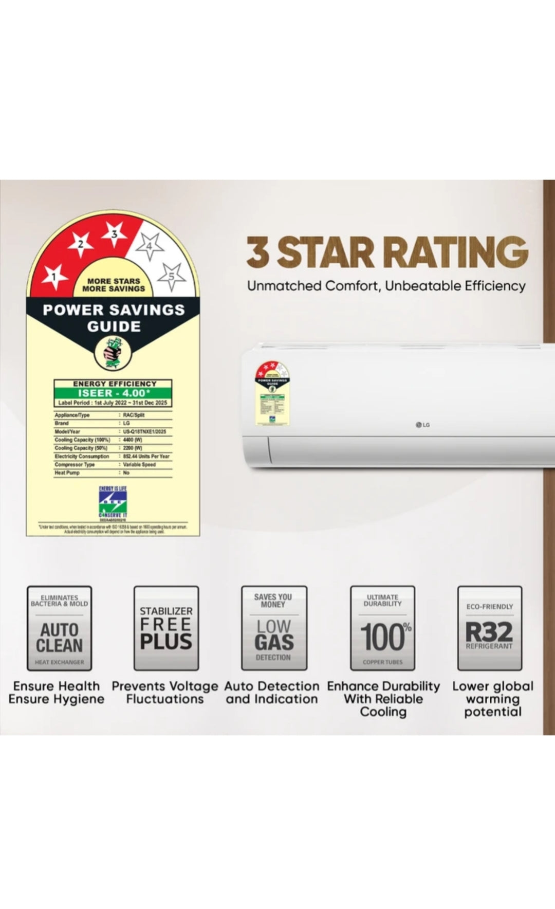 LG 3 Star (1.5) Split AC, AI Convertible 6-in-1, Gold Fin+, Auto Clean, Viraat Mode, Diet Mode+, 4.4 kW, 2025 Model (q18tnxe)
