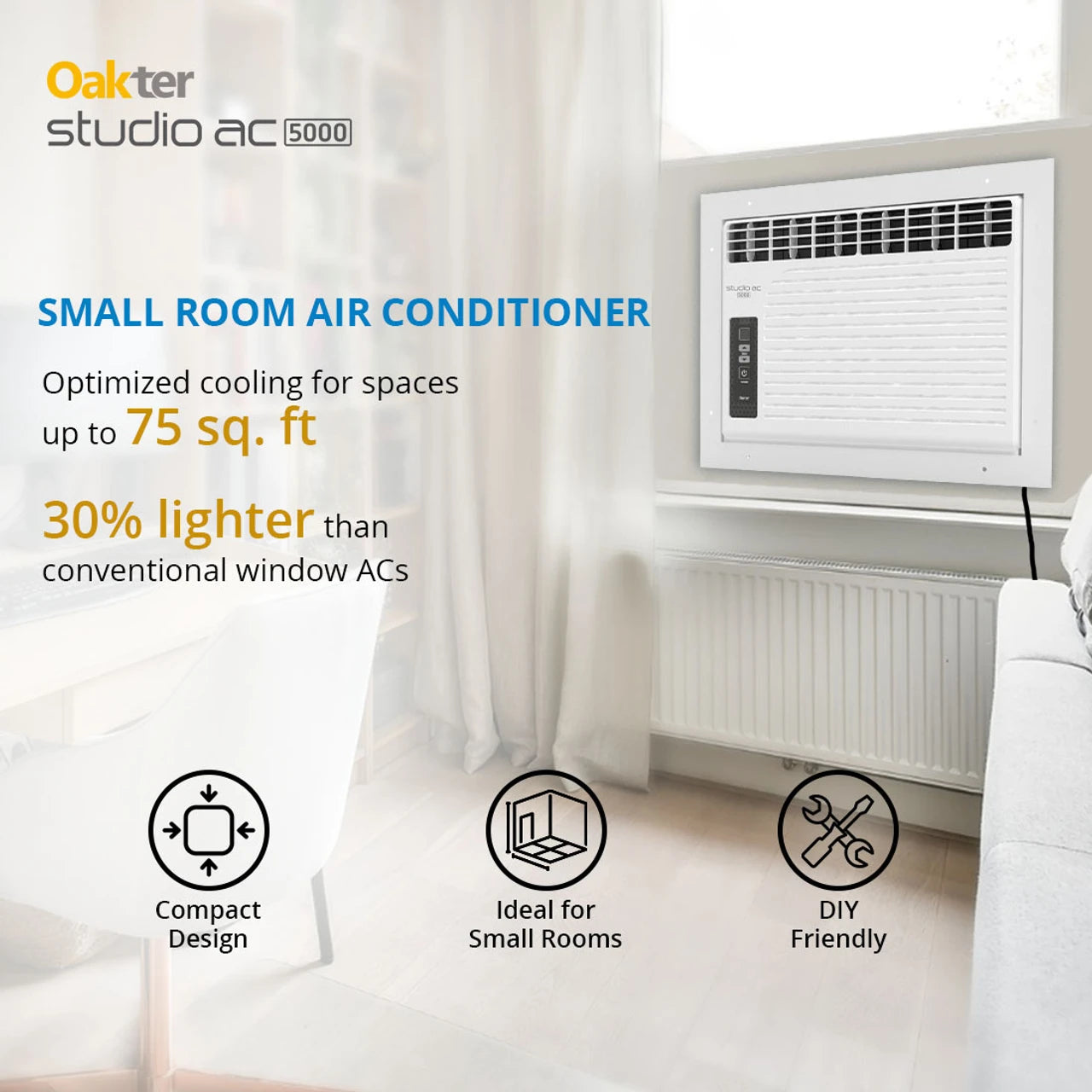 Oakter 2025 Model 0.5 Ton 1 Star Window Fixed Speed AC (Studio AC 5000, White)