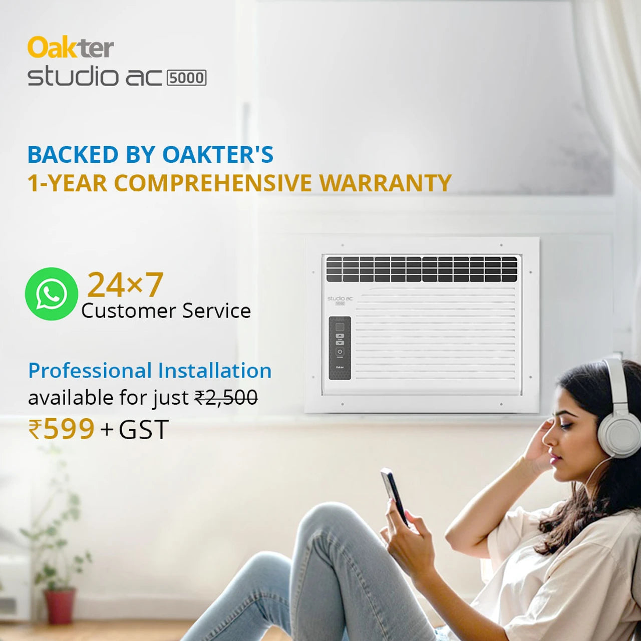 Oakter 2025 Model 0.5 Ton 1 Star Window Fixed Speed AC (Studio AC 5000, White)